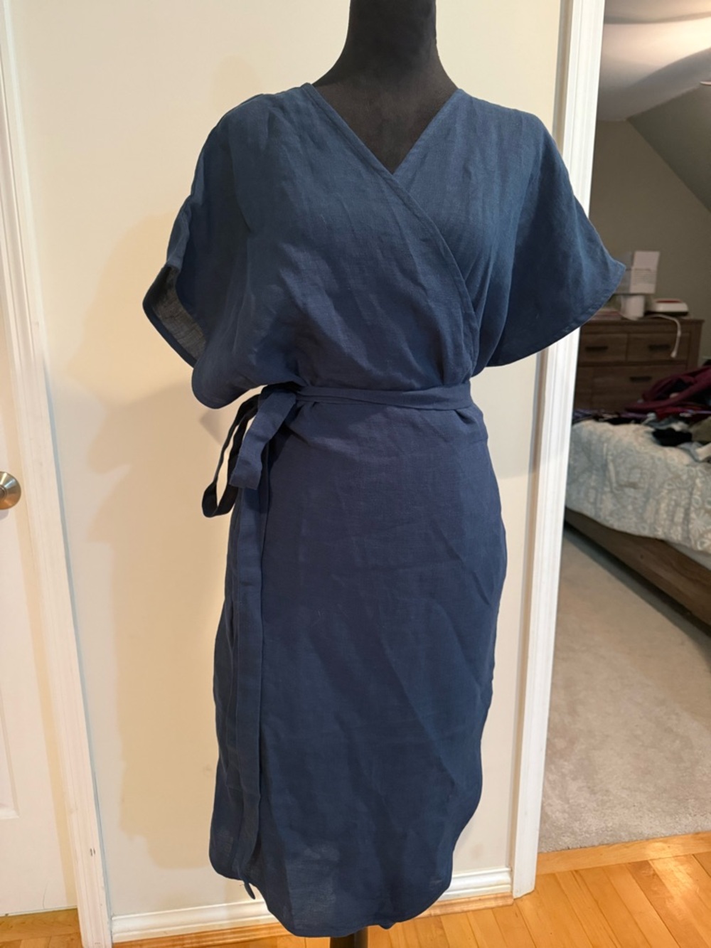 Navy Wrap Midi Dress with Waist Tie